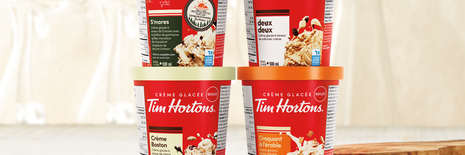 À venir sous peu : Quatre nouvelles saveurs de crème glacée Tim Hortons inspirées de saveurs classiques de Tim Hortons, notamment le café Deux-Deuxmc et le beigne crème Boston